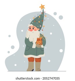 Cute cartoon Christmas dwarf with a festive hat and the gifts.