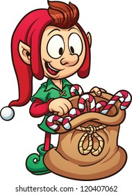 Cute cartoon Christmas elf with a bag of candy. Vector clip art illustration with simple gradients. All in a single layer.