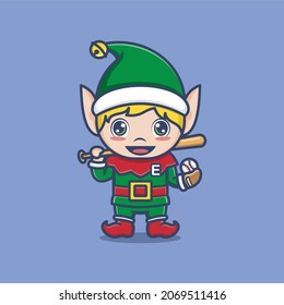 cute cartoon christmas elf baseball player style. vector illustration for mascot logo or sticker