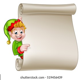 A cute cartoon Christmas elf boy peeking around scroll sign and pointing