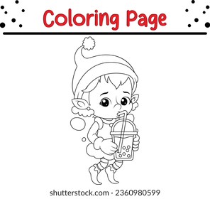 Cuta caricatura de la página de color del elfo de Navidad. Ilustración vectorial en blanco y negro de Navidad para un libro de colorear.