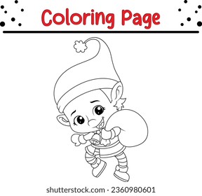 Cuta caricatura de la página de color del elfo de Navidad. Ilustración vectorial en blanco y negro de Navidad para un libro de colorear.