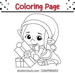 Cuta caricatura de la página de color del elfo de Navidad. Ilustración vectorial en blanco y negro de Navidad para un libro de colorear.