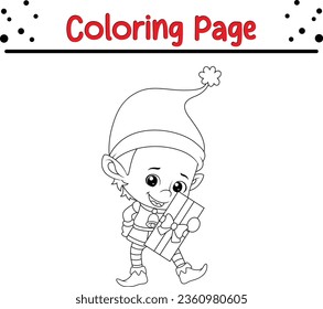 Cuta caricatura de la página de color del elfo de Navidad. Ilustración vectorial en blanco y negro de Navidad para un libro de colorear.