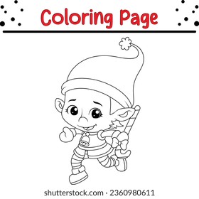 Cute cartoon Christmas elf coloring page. Christmas black and white vector illustration for a coloring book.