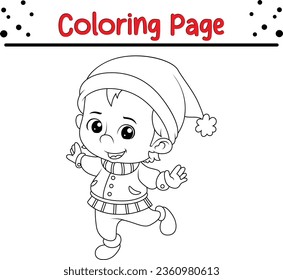 Cute cartoon Christmas elf coloring page. Christmas black and white vector illustration for a coloring book.