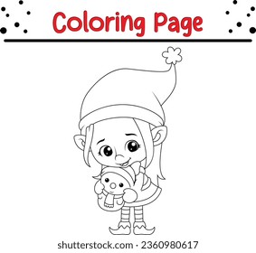 Cuta caricatura de la página de color del elfo de Navidad. Ilustración vectorial en blanco y negro de Navidad para un libro de colorear.