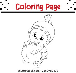 Cute cartoon Christmas elf coloring page. Christmas black and white vector illustration for a coloring book.