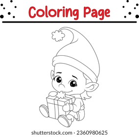 Cute cartoon Christmas elf coloring page. Christmas black and white vector illustration for a coloring book.