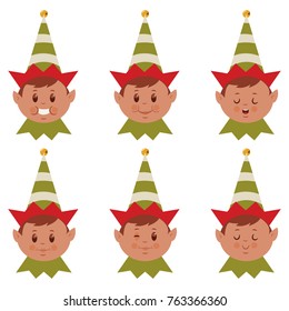 Cute Cartoon Christmas Elf Face Icons. Vector Flat Set Of Santa Helper Head With Different Funny Emotions.