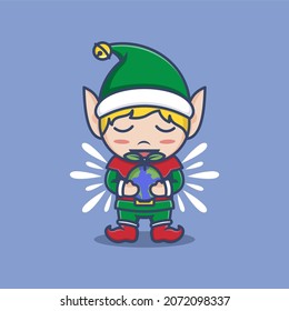 cute cartoon christmas elf with globe and plant shoots. vector illustration for mascot logo or sticker