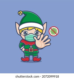 cute cartoon christmas elf health protocol against virus. vector illustration for mascot logo or sticker