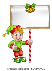 A cute cartoon Christmas elf holding a sign and giving a thumbs up