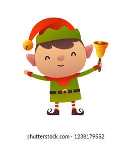 Cute cartoon christmas elf holds bell isolated on white background happy new year greeting card
