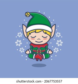 cute cartoon christmas elf meditating in yoga style. vector illustration for mascot logo or sticker