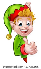 A cute cartoon Christmas elf peeping around sign and giving a thumbs up