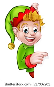 A cute cartoon Christmas elf peeping around sign and pointing