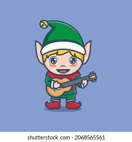 cute cartoon christmas elf playing guitar. vector illustration for mascot logo or sticker