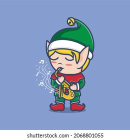 cute cartoon christmas elf playing sexophone. vector illustration for mascot logo or sticker