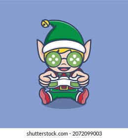 cute cartoon christmas elf playing game using joystick. vector illustration for mascot logo or sticker