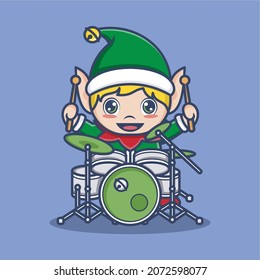 cute cartoon christmas elf playing drums. vector illustration for mascot logo or sticker