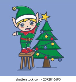 cute cartoon christmas elf putting star on christmas tree. vector illustration for mascot logo or sticker