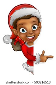 A cute cartoon Christmas elf in a Santa hat peeking around sign and pointing