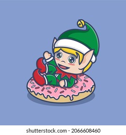 cute cartoon christmas elf sitting on big donut. vector illustration for mascot logo or sticker