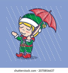 cute cartoon christmas elf using umbrella when it rains. vector illustration for mascot logo or sticker