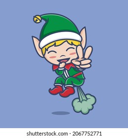 cute cartoon christmas elves eject with fart power. vector illustration for mascot logo or sticker