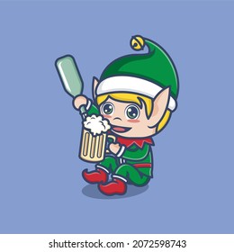 cute cartoon christmas elves enjoying beer. vector illustration for mascot logo or sticker