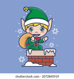 cute cartoon christmas elves enter the christmas chimney. vector illustration for mascot logo or sticker