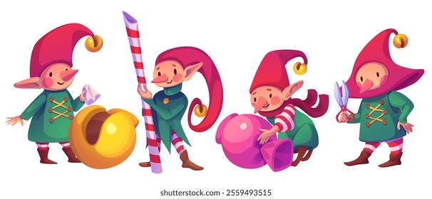 Cute cartoon Christmas elves in festive outfits. Santa Claus helpers characters holding scissors, holding caramel cane, dragging big candy and polishing golden bell. Funny dwarf for winter design.