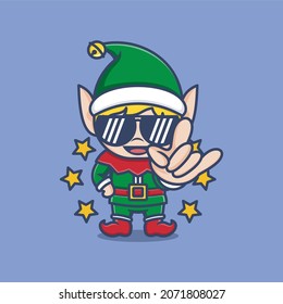 cute cartoon christmas elves giving rocker cool signs. vector illustration for mascot logo or sticker