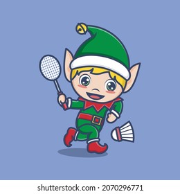 cute cartoon christmas elves playing badminton. vector illustration for mascot logo or sticker