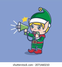 cute cartoon christmas elves protest with loudspeaker. vector illustration for mascot logo or sticker