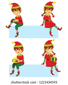 Cute cartoon Christmas elves sitting on a banner in different poses 