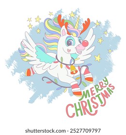 Cute cartoon Christmas flying unicorn with a garland and snowflakes. Vector illustration in soft colors. Happy New Year card for children. For print, cards, invitation, t shirt and clothes design