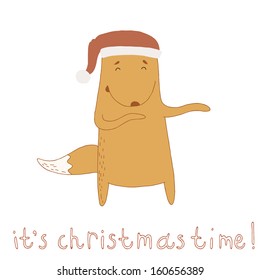 Cute cartoon christmas fox. Cheerful dancing fox on a white background. It's christmas time