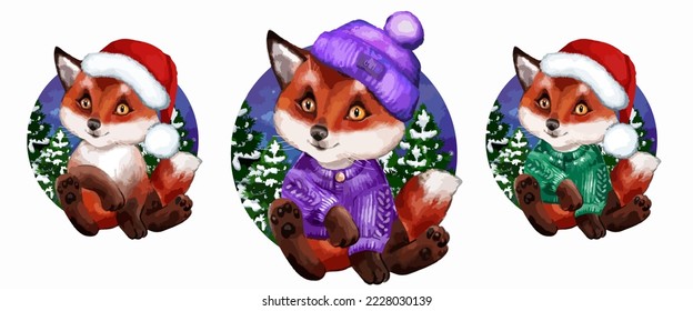 Cute cartoon Christmas foxes. A watercolor drawing made by hand. 