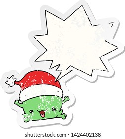 cute cartoon christmas frog with speech bubble distressed distressed old sticker