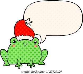 cute cartoon christmas frog with speech bubble in comic book style