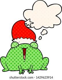 cute cartoon christmas frog with thought bubble in comic book style