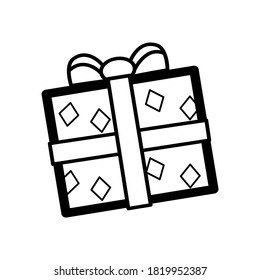 Cute cartoon Christmas gift, icon, emoji element on white background. Doodle black line decoration for logo, coloring, card and any design. Vector illustration about holiday.