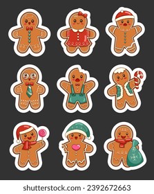 Cute cartoon Christmas gingerbread men. Sticker Bookmark. Holiday winter. New year cookies. Hand drawn style. Vector drawing. Collection of design elements.