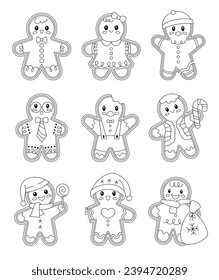 Cute cartoon Christmas gingerbread men. Coloring Page. Holiday winter. New year cookies. Hand drawn style. Vector drawing. Collection of design elements.