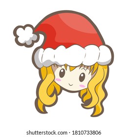 Cute cartoon Christmas girl with red hat, icon emoji element on white silhouette. Decoration for logo, card and any design. Vector illustration about holiday.