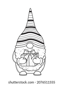 Cute cartoon Christmas gnome with box of gift for coloring book.Line art design for kids coloring page. Coloring page outline.