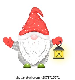 Cute cartoon Christmas gnome with vintage lantern.Vector illustration. Isolated on white background