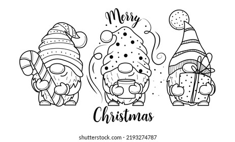 Cute cartoon Christmas gnomes with box of gift for coloring book.Line art design for kids coloring page. Coloring page outline.